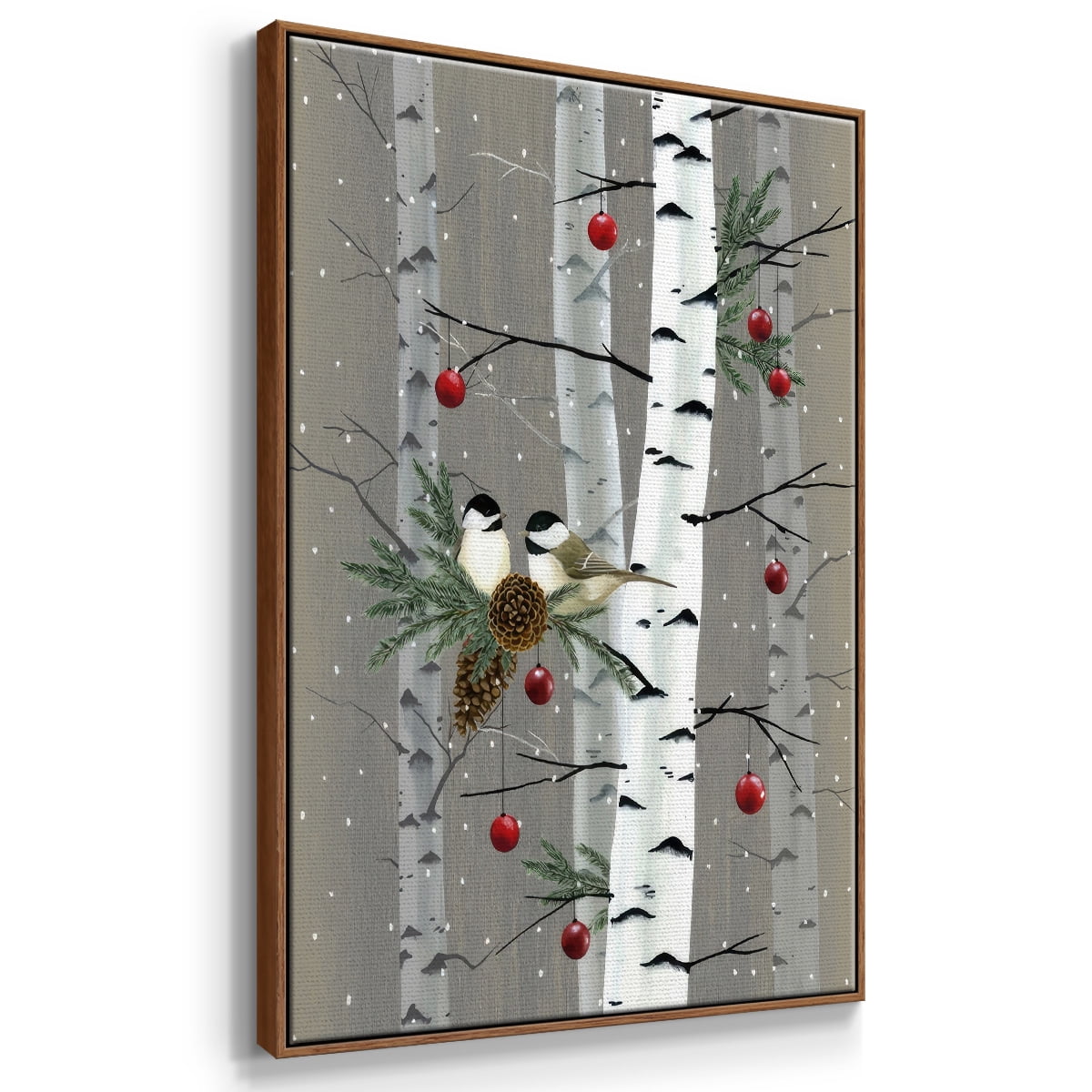 Birch Birds II - Framed Gallery Wrapped Holiday Canvas - 17 x 25 - Rosewood Frame