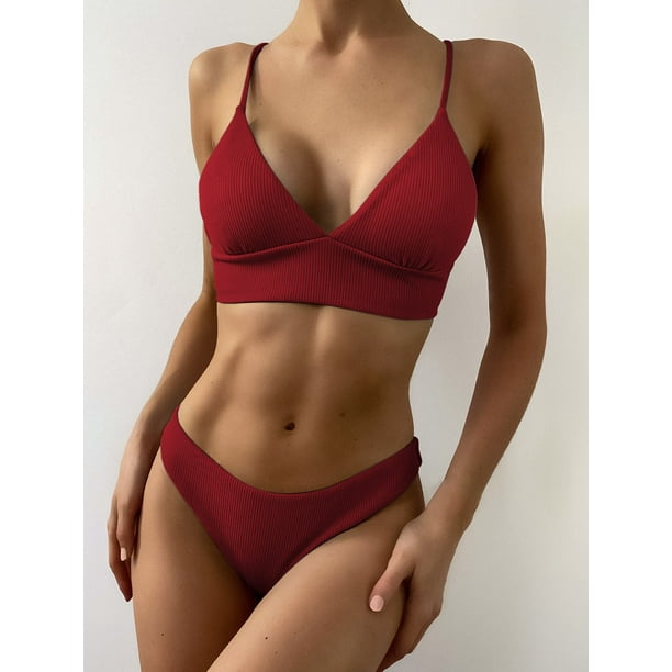 Opstand Absoluut Eigenaardig ZAFUL for Women Tie Textured Ribbed Bikini Set Red Wine M - Walmart.com