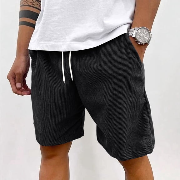 Zimjoy Men's Baggy Shorts 5" Inseam Casual Corduroy Shorts Drawstring Elastic Summer Beach Vacation Short, Black L