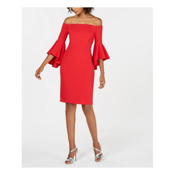 Calvin Klein - CALVIN KLEIN Womens Red Zippered Bell Sleeve Off Shoulder Above The Knee Sheath 