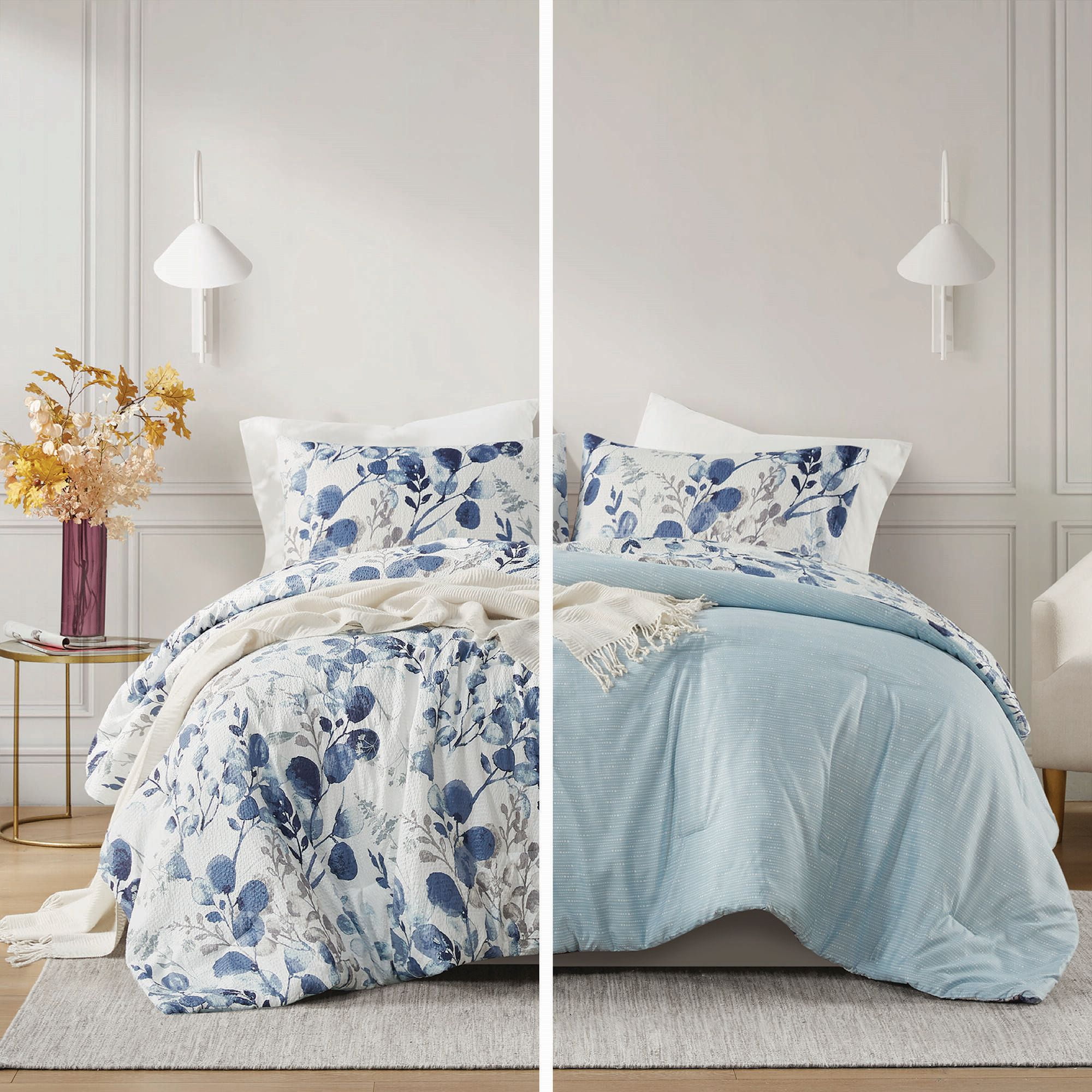 Regency Heights King/Cal King Reversible Seersucker Floral Bedding Comforter Sets 3 Piece Lightweight Navy/Blue Botanical Flowers Bedding Sets with Pillow Shams