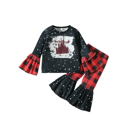 

Gwiyeopda Kids Girls Trousers Outfits Snowflake Print Plaid Patchwork Long Sleeve T-shirt and Flare Pants Set