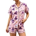 thumbnail image 3 of MuXiKeJi Clothes Halloween Pajamas Women,Cute Halloween PJS for Women Ghost Pumpkin Print Silk Short Sleeve Button Tops Matching Shorts Set Cute Plus Size Pjs,Women Halloween pjs 2Piece, 3 of 5