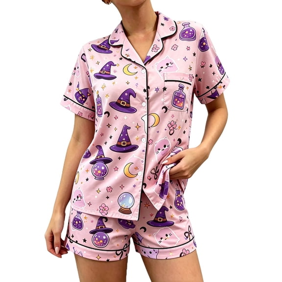 Yuncity Halloween Pajamas For Women Summer Cute Witch Hat Print Casual Comfortable Relaxed Fit Sleepwear Set Size Purple