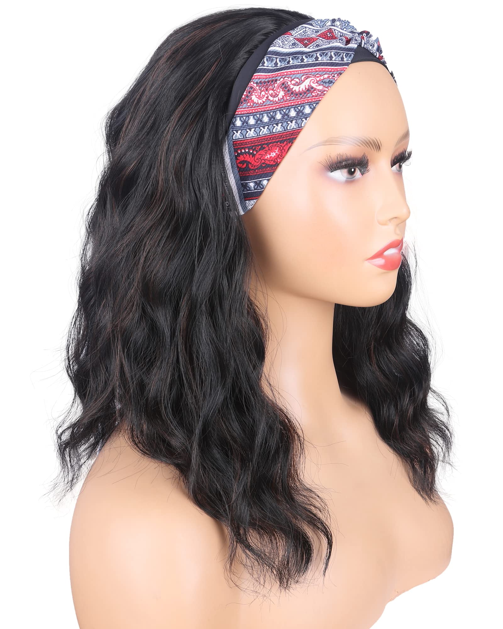 Black Headband Wigs With Brown Highlights For Women 14 Inch Wavy Heat Resistant Synthetic Soft Light Natural Looking Hair Replacement Wigs