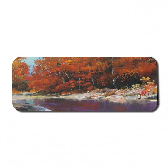 Nature Computer Mouse Pad, River with Rocks Autumn Forest Peaceful Paint of Scenic Woods Artwork, Rectangle Non-Slip Rubber Mousepad Large, 31" x 12" Gaming Size, Ginger Purple, by Ambesonne