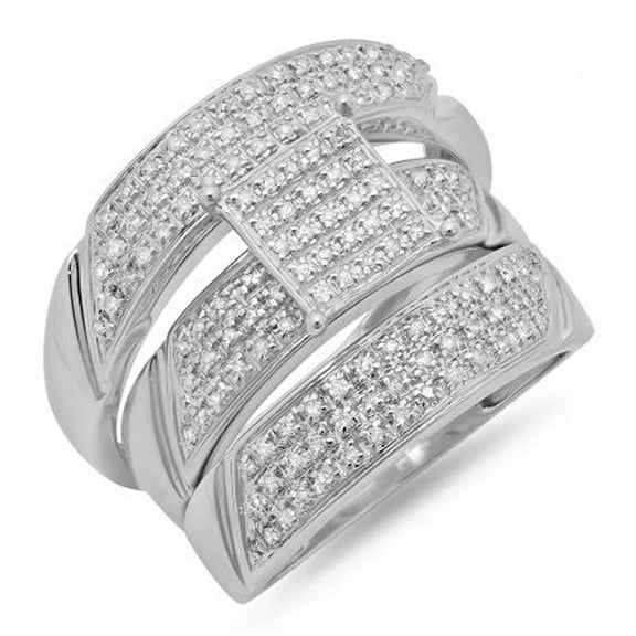 0.65 Carat (ctw) 10K White Gold Round White Diamond Men & Womens Micro Pave Engagement Ring Trio Bridal Set
