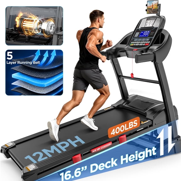 Treadmills for Home with 20% Auto Incline - Wide Belt, 12MPH Max Speed, 400LBS Capacity, 5.05HP Heart Monitr Handle Bars