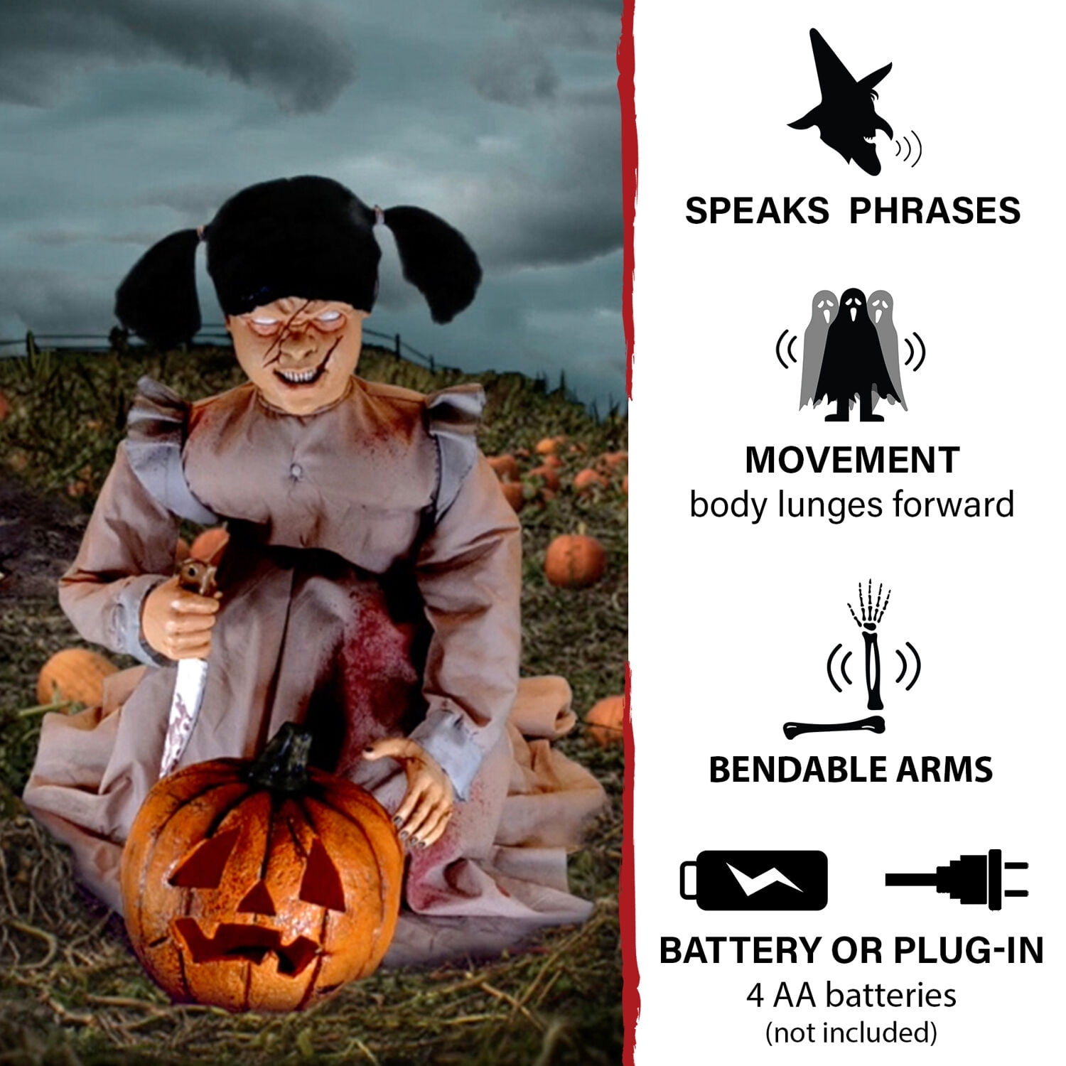 Lunging Pumpkin Carver Zombie Girl with Jack O'Lantern by Tekky,  3.2 ft Premium Talking Halloween Animatronic, HHPMPCVR-FLSA