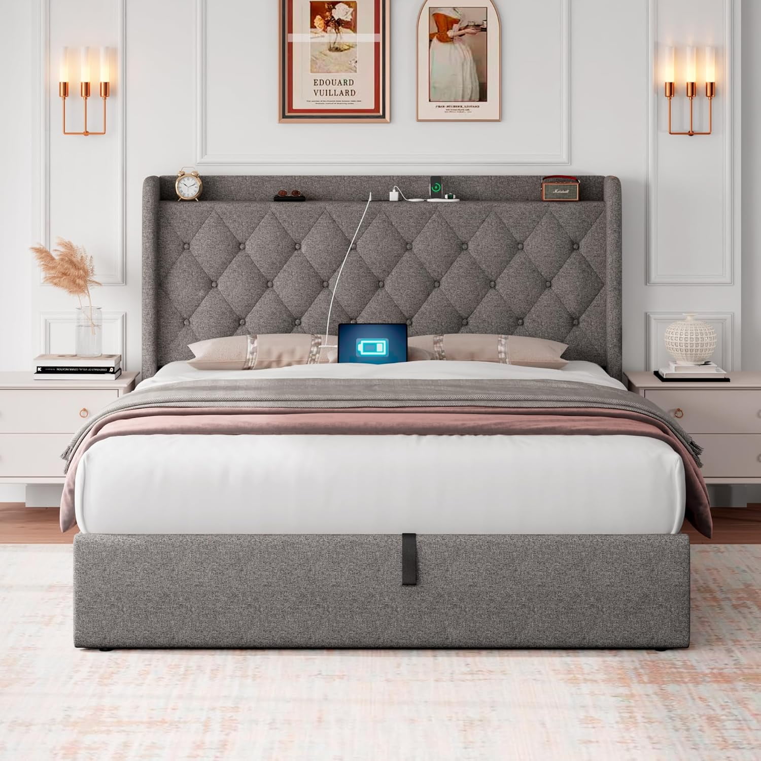 iPormis Full Size Bed Frame with Lift Up Storage & Charging Station, Button Tufted Wingback Upholstered Headboard, Wooden Slats Support, Light Gray