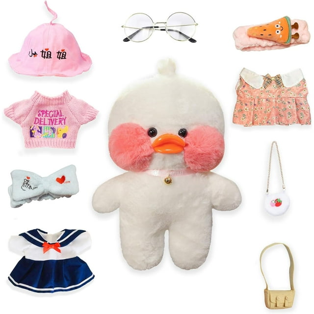 Conjunto De Pato De Peluche con 9 Piezas De Ropa, Pato Blanco De Peluche con Lentes, Regalo De Pato Kawaii para Niños Y Niñas(Marrón)