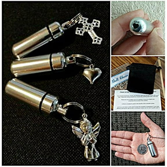 ENGRAVED TRIO of 3 Assorted Anointing Oil or Holy Water Holder Necklaces - with Silver Angel/Cross/Heart - Includes 3 Velvet Pouches, 3 Ball-Chains and Pipette