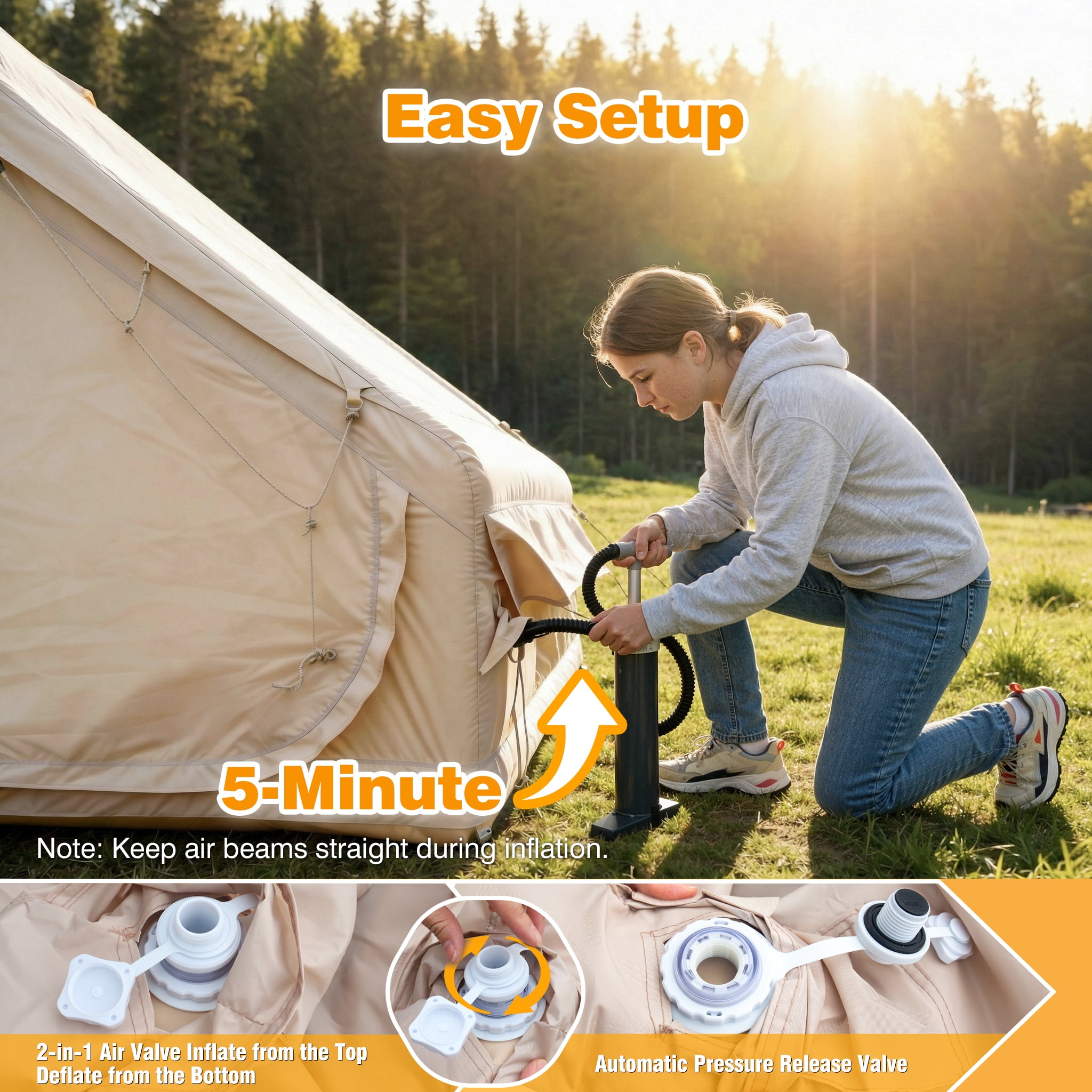 Qunler 4-6 Person Inflatable Tent with Pump, Large Waterproof Air Tent for Camping, Easy Setup in 5 Mins, Windproof Cabin Shelter, Beige