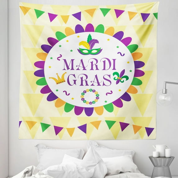 New Orleans Tapestry, Mardi Gras Carnival Theme with Traditional Motifs on Triangle Shapes Background, Fabric Wall Hanging Decor for Bedroom Living Room Dorm, 5 Sizes, Multicolor, by Ambesonne