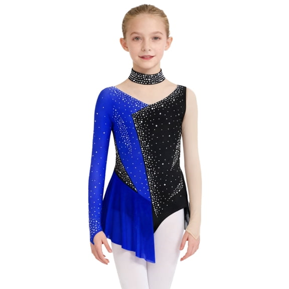 TiaoBug Shiny Rhinestones Mock Neck Long Sleeve Figure Skating Dress Ballet Skirted Leotard Lyrical Dancewear Navy Blue 12