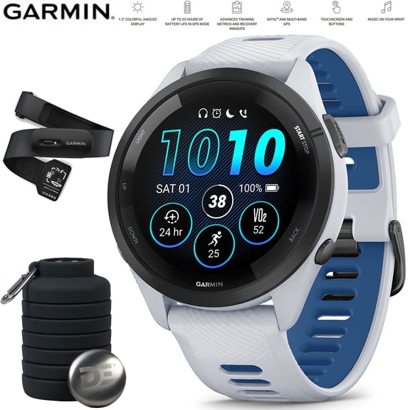 Garmin 010-02810-01 Forerunner 265 GPS Smartwatch Whitestone/Tidal Blue Bundle with Garmin Heart Rate Monitor Accurate Heart Rate & HRV Data Strap XS-S and Deco Essentials Collapsable Water Bottle