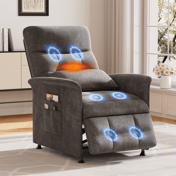Power Recliner Chair with Heated & Massage, Adjustable Electric Lazy Boy Reclining Chair with Lumbar Support Pillow, Soft Fabric, Gray