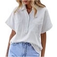 thumbnail image 1 of Yuyuzo Cotton Linen Tops for Women Oversized Short Sleeve Basic T Shirts V Neck Button Collared Blouses, 1 of 6