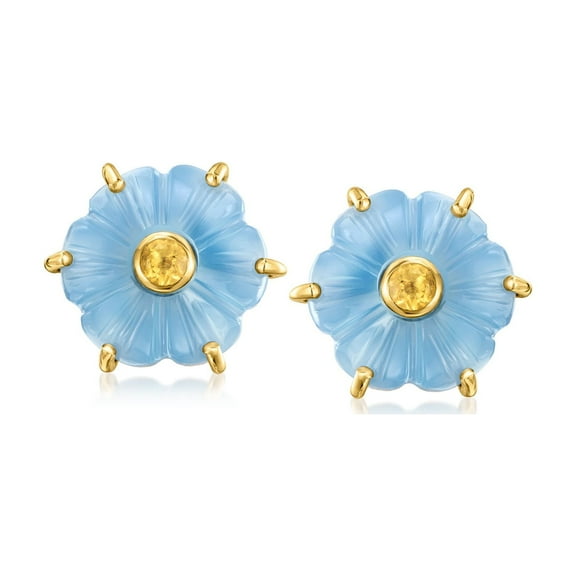 Ross-Simons Carved Blue Chalcedony and .20 ct. t.w. Citrine Flower Earrings in 18kt Gold Over Sterling, Women's, Adult