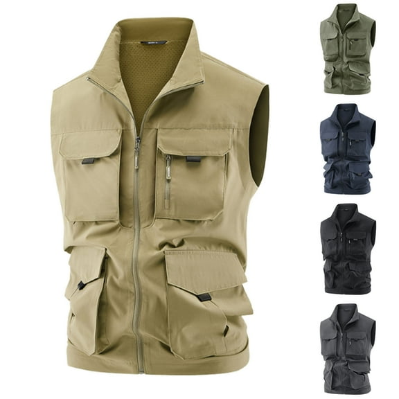 Men Lightweight Cargo Vest Outdoor Leisure Vest with Pockets Men's Big&Tall Work Jacket Standing Collar Multi-Pockets Outdoor Jacket Coat Army Green M