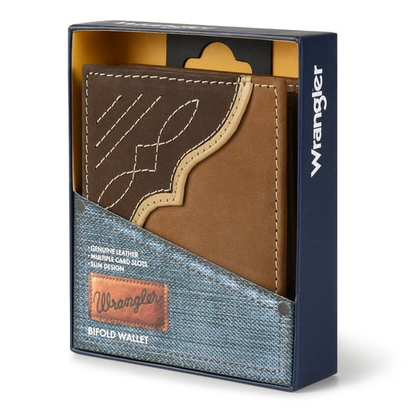 Wrangler Father's Day Men's Bifold Wallet with Flip-Out ID Window, Genuine Leather, RFID Blocking, Gift for Him