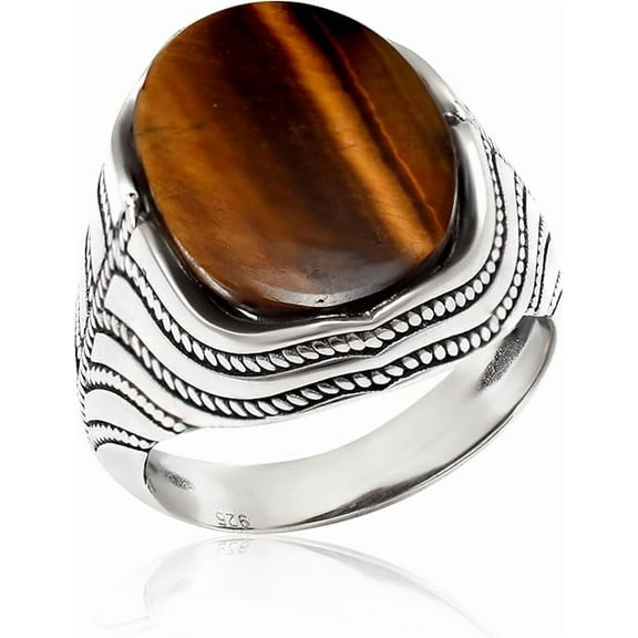 Tiger's Eye Ring for Men 925 Sterling Silver Oval Gemstone Ring Vintage Retro Jewelry for Men's Turkish Handmade Tiger's Eye Ring for Mens Luxury Jewelry Gift for Men Dad Him