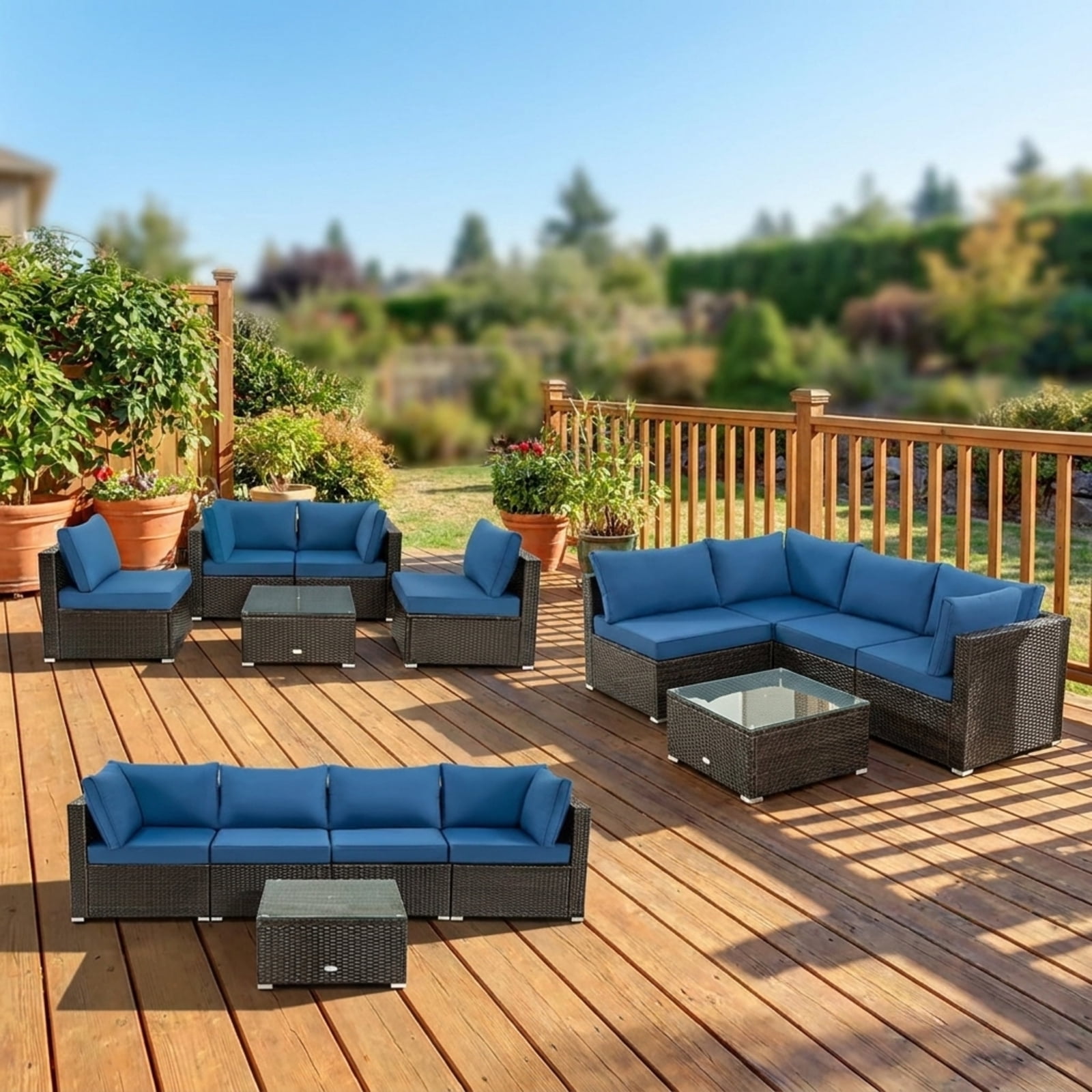 Biotree Patio Furniture Set 5 Piece Cushioned Rattan outdoor sectional with glass table outdoor conversation set for garden backyard porch, Navy