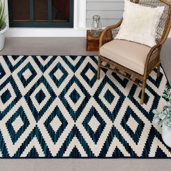 Tropicana Cream and Sapphire Blue Woven Indoor/Outdoor 5x7 Area Rug, Recommended for Patio, Mudroom, Sunroom, Dining Room