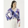 thumbnail image 4 of DressBerry Women's Printed Viscose Rayon Clinched Waist V Neck Crop Top Long Bell Sleeves Flared Hem with Front Tie-ups Casual Wear High Waist Regular Short Blouse, 4 of 7