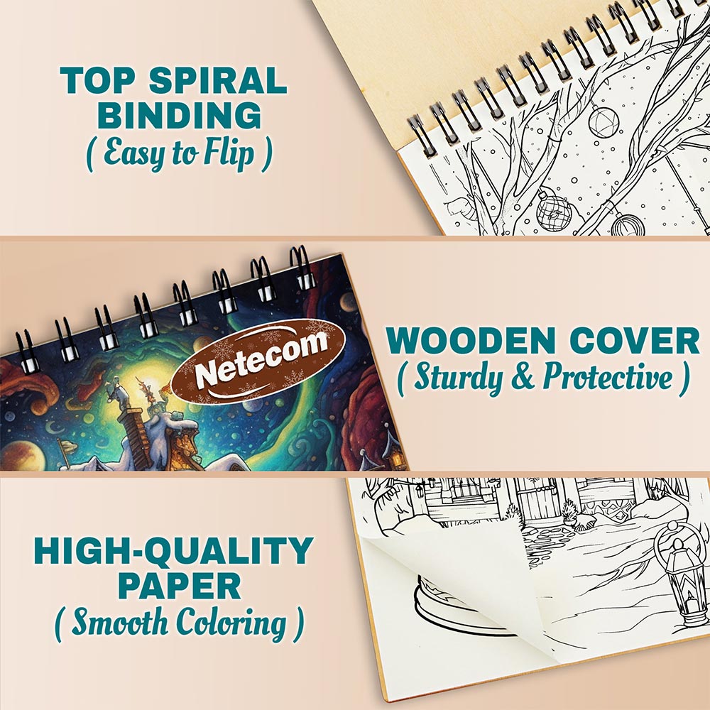 Netecom Enchanted Christmas Coloring Book Spiral Bound for Adults, A5 Wooden Cover, 30 Magical Coloring Pages of Winter Land Scenes for Stress Relief and Relaxation