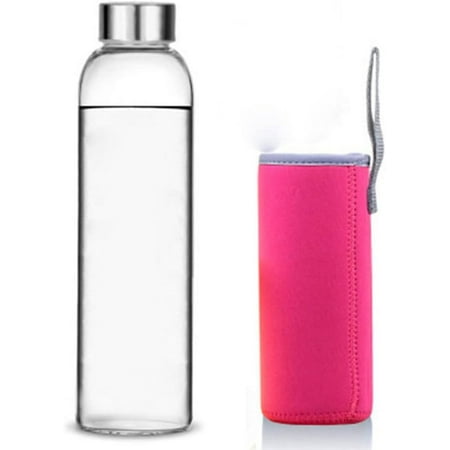 

Glass Water Bottle 360ml/420/550ml Sport Bottle with Stainless Steel Lid and Protective Bag for to Go Travel Gym Home (Rose red 420ml)