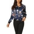 thumbnail image 1 of Chaqueta bomber para mujer de satén, manga larga, con cremallera, estampado floral, abrigo casual de otoño con bolsillo, abrigo de invierno M azul profundo, 1 of 6