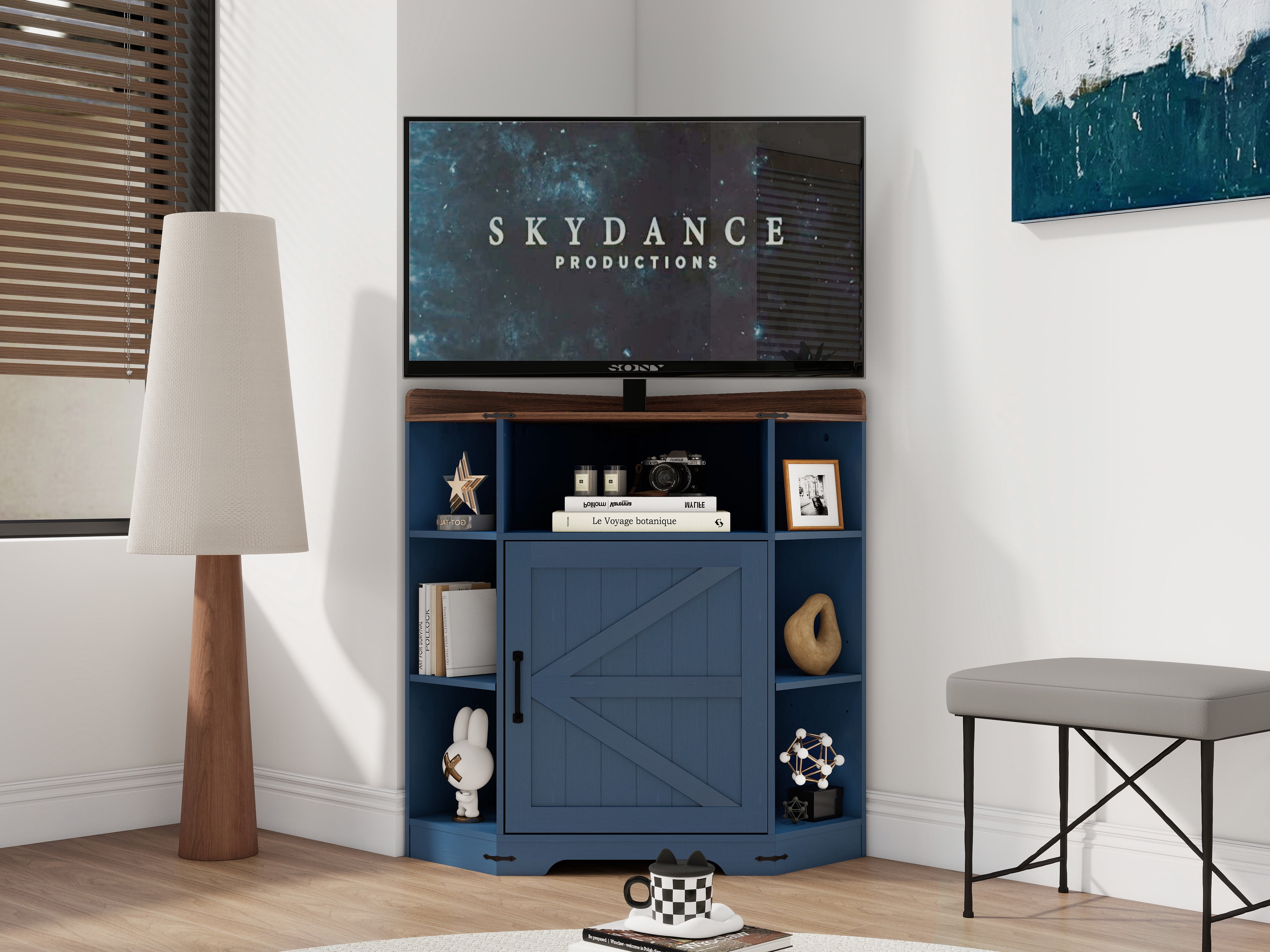 Corner Storage Shelf Cabinet with USB Ports and Outlets, 6-Cubby Wooden Bookshelf and Display Organizer for Small Spaces and Study, Blue and Brown
