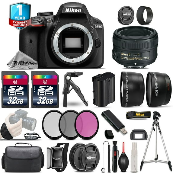 Nikon D3400 Camera + AF-S 50mm f/1.8G - 3 Lens Kit + 1yr Warranty - 64GB Bundle (International Version)