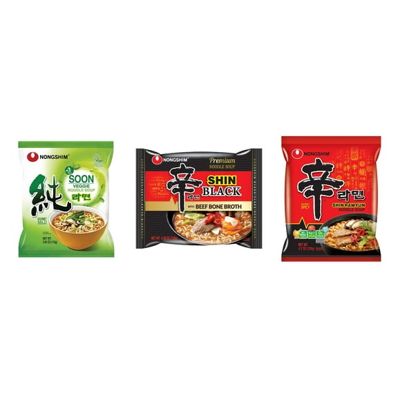 3 Pack Korean NongShim Gourmet Spicy Shin Instant Ramen Noodle, 3 Flavors(Soon Veggie,shin black,shin red) Plus NineChef Brand Long Handle Coffee Spoon