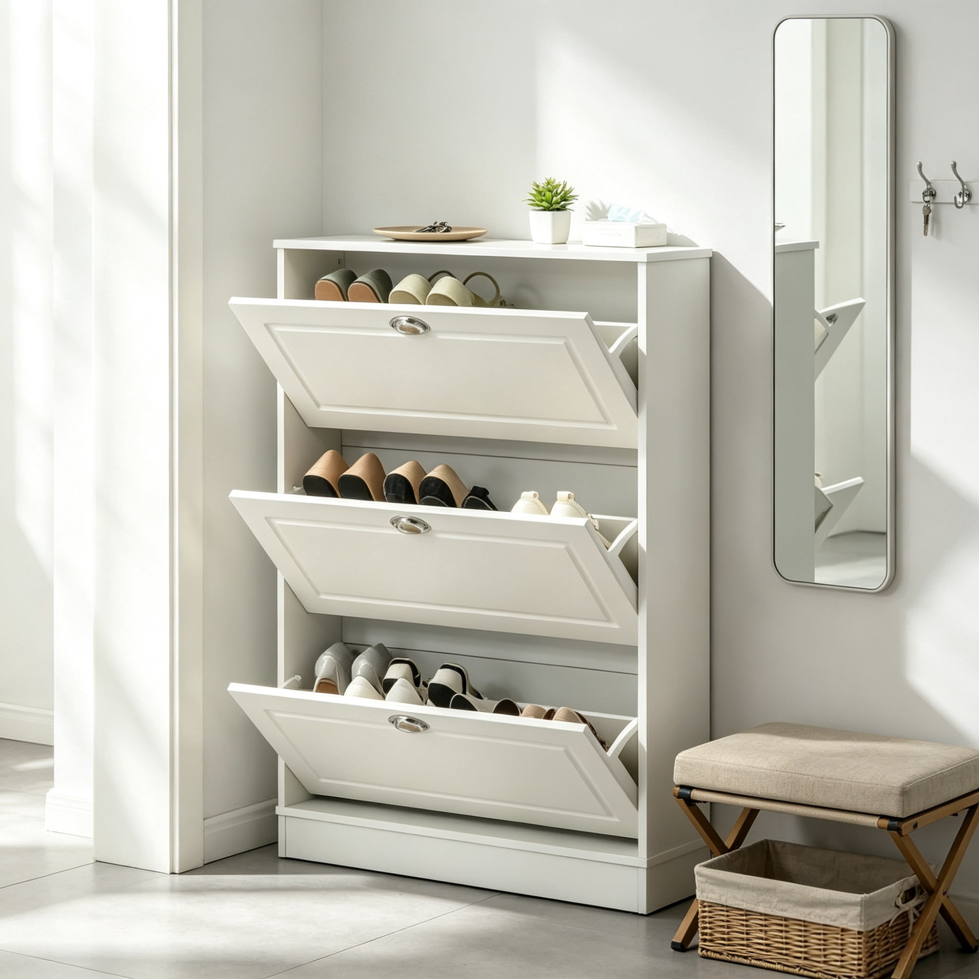 3-Flip-Drawer Narrow Shoe Cabinet, 12-Pair Capacity, for Entryway Hallway, White