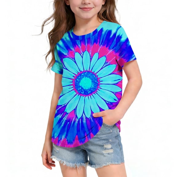 ITSAME Shirts for Girls, Floral Print Crewneck Short Sleeve Summer Kids Casual Fashion Tops Blue 13-14T