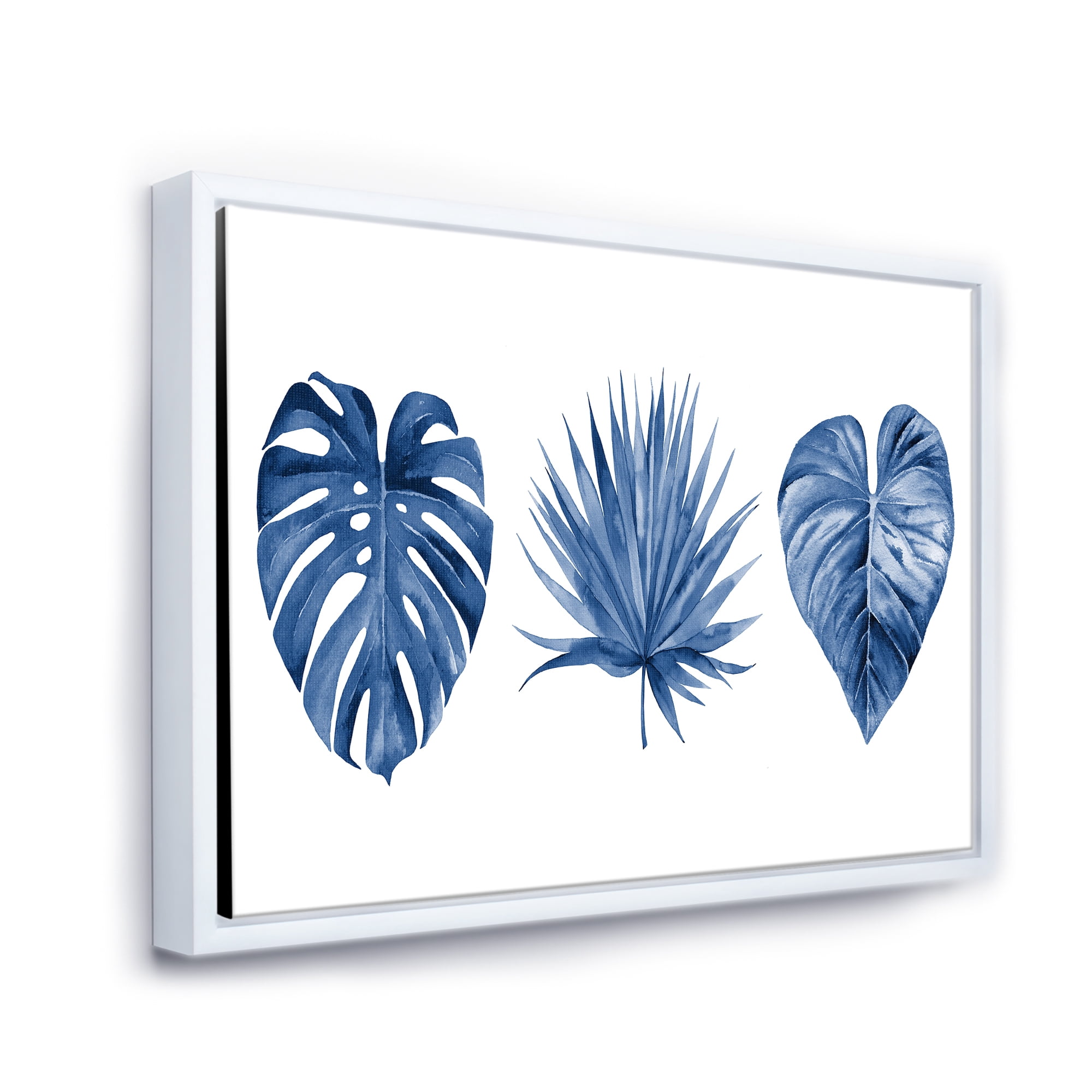 Designart 'Tropical Leaves In Classic Blue ' Tropical Framed Canvas Wall Art Print