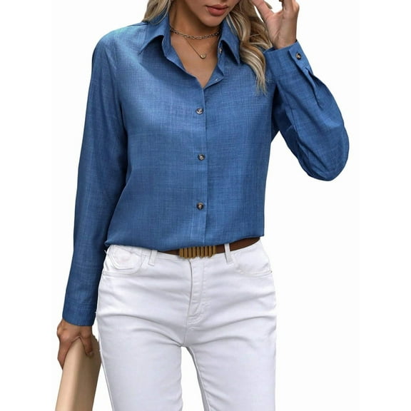 Button Down Shirts for Women Long Sleeve Blouse Shirts Casual Solid Office Work Tunic Top Denim Blue L