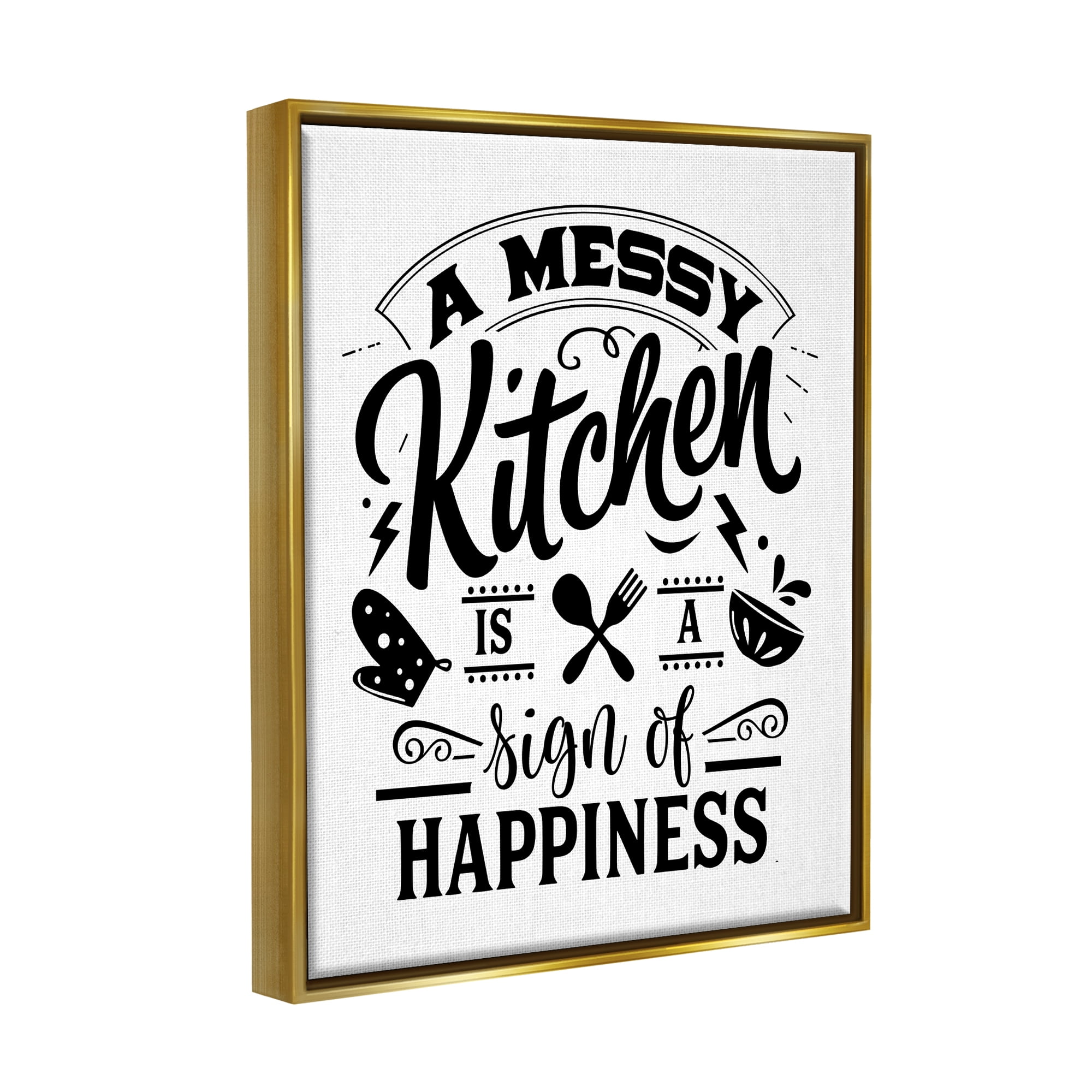 Stupell Industries Kitchen Happiness Retro Style Casual Silverware Motif Graphic Art Metallic Gold Floating Framed Canvas Print Wall Art, Design by Lettered and Lined