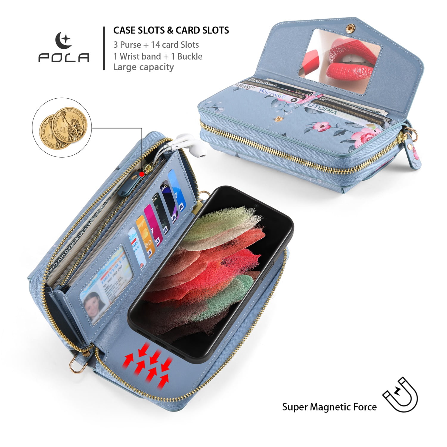 SaniMore Magnetic Detachable Wallet Case for Samsung Galaxy S22 Ultra, Flower Pattern RFID Blocking Cover Support Wireless Charging Card Slot Shoulder & Wrist Strap 360° Full Protective Shell, Grey