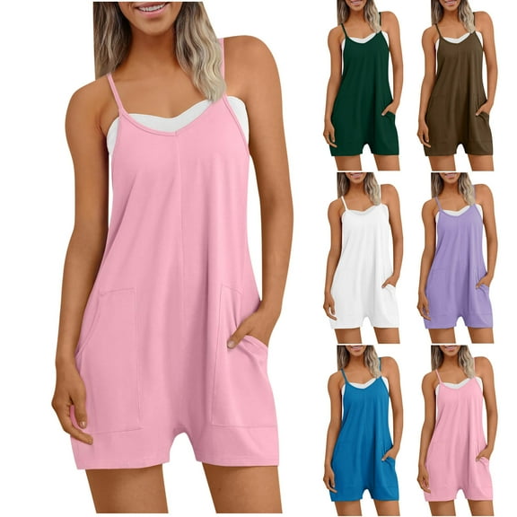 Swuxness Women Summer Spaghetti Straps Sleeveless Shorts Rompers Comfortable Loose Jumpsuit