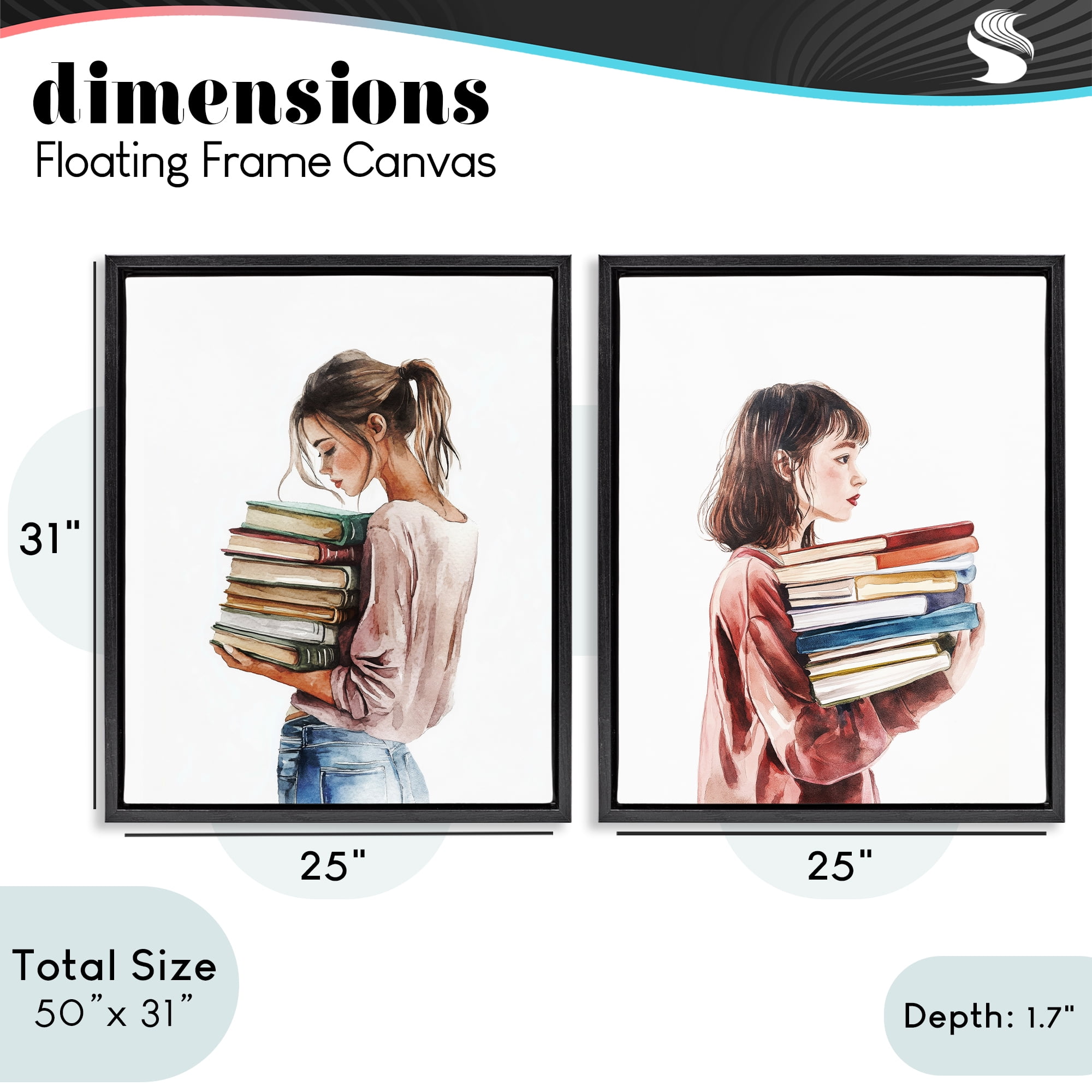Stupell Industries Girls & Library Book Stacks 2 Piece Black Framed Floater Canvas Set, design by Svetlana Aleynikova
