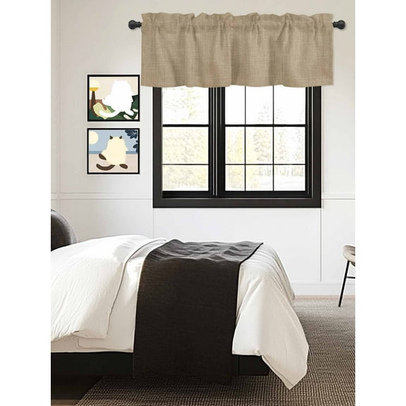 Kitchen Valances for Window, Country Brown Linen Texture Light Filtering Rod Pocket Valance Curtain, Farmhouse Pure Color Style Short Curtains Window Topper for Bedroom Bathroom Living Room 54x18in