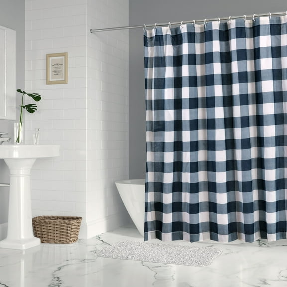 Levtex Home - Camden - Shower Curtain with Grommets - One Shower Curtain Panel 72 inch Length, 72 inch Width - Buffalo Plaid - Navy and Cream - 100% Cotton - Lined