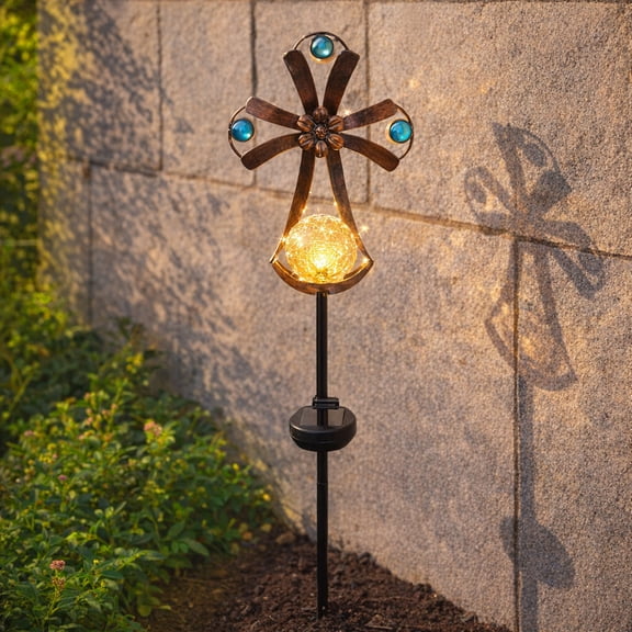 Outdoor Solar Garden Stake,Solar Cross Stake,Crackle Glass Ball With LED Light,Religious,Metal Outdoor Decoration for Garden Yard Outdoors