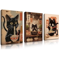 d Funny Black Cat Canvas Wall Art Set of 3, Vintage Japanese Cat Eating Ramen Wall Decor, Cute Animal Poster Prints, Edo Period Paintings Pictures for Living Room Kitchen Dining Room 16x24 inch