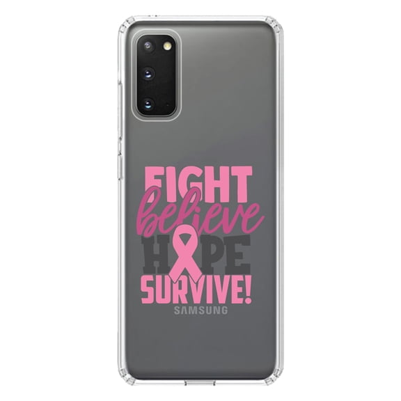 DistinctInk Clear Shockproof Hybrid Case for Galaxy S20 ULTRA / 5G (6.9" Screen) - TPU Bumper Acrylic Back Tempered Glass Screen Protector - Pink Ribbon Cancer - Fight Believe Hope Survive