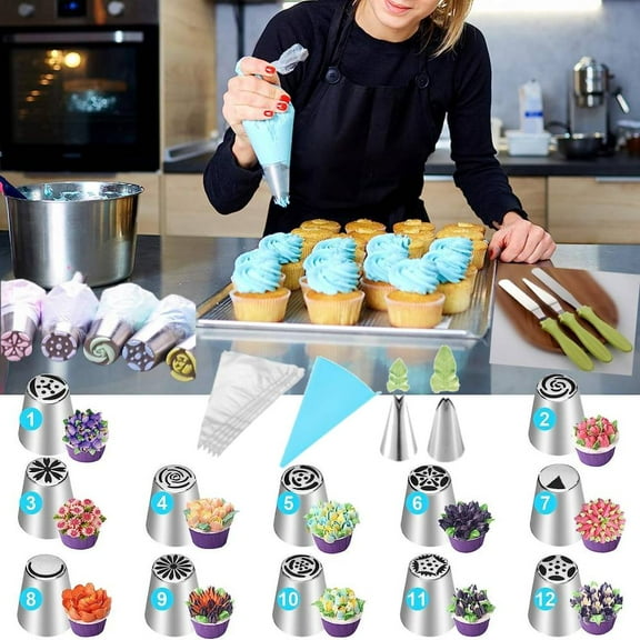 27 Pieces Russian Piping Tips Set, Cake Decorating Tips Baking Supplies for Cupcake Cookies Birthday Party (12 Icing Tips 10 Pastry Baking Bags 2 Leaf Piping Tips 2 Couplers 1 Silicone Bag)