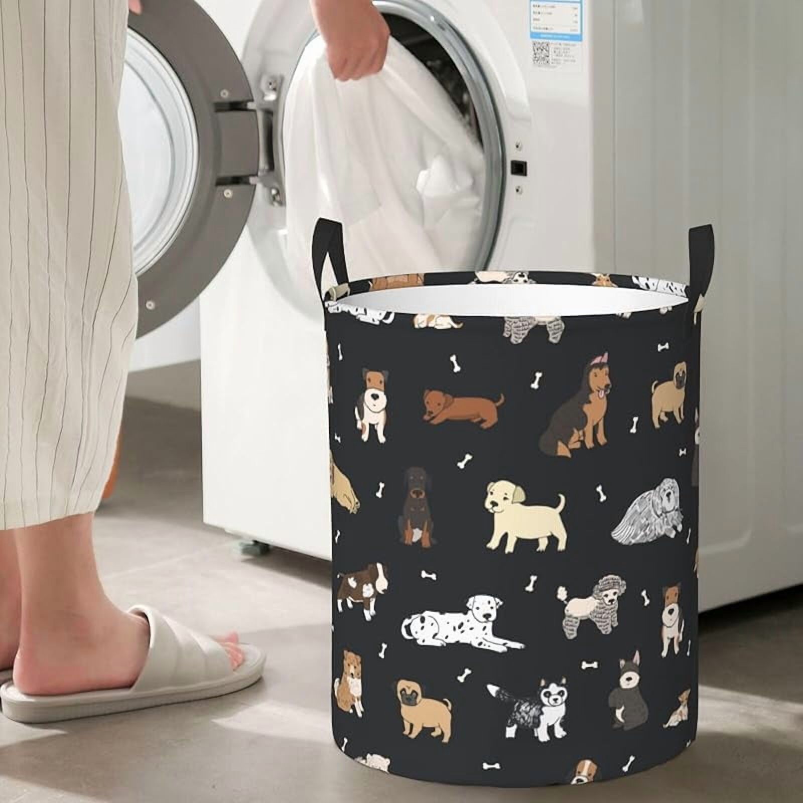 Cute Puppy Dogs Laundry Hamper Bag With Waterproof Liner - Pet Animals Round Laundry Basket Foldable Clothes Storage Organizer For Bathroom Bedroom Nursery Dorm